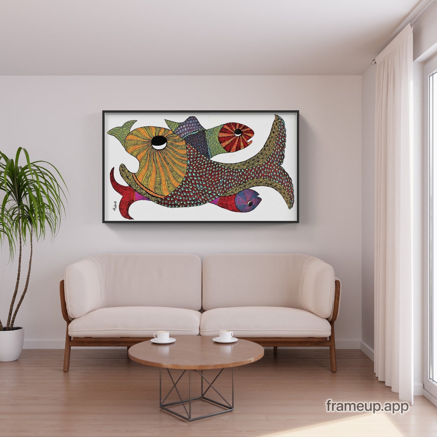 Original Hand Made Gond Painting Showcasing Colorful Sea Fish