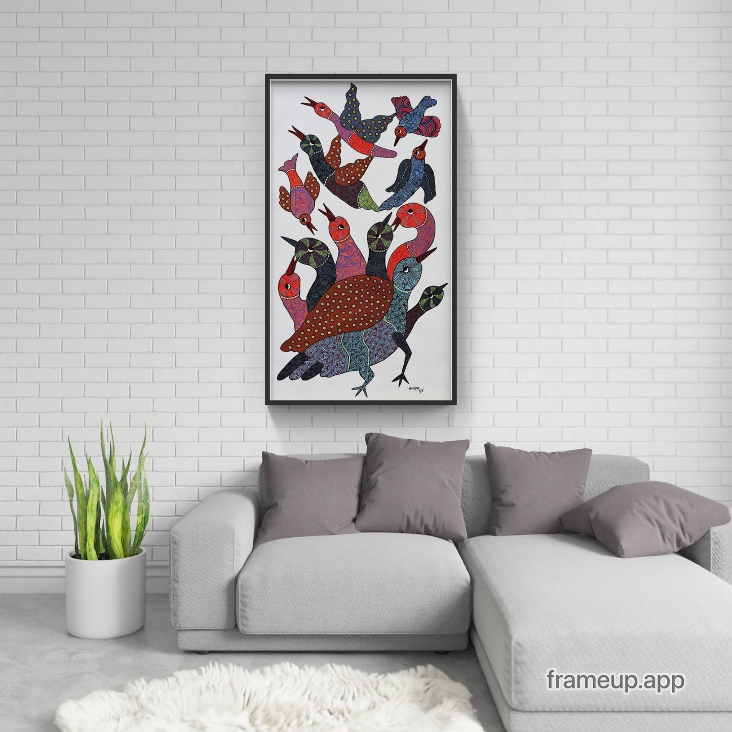 Original Hand Made Tribal Gond Painting Illustrating Parent Bird Protecting Their Siblings