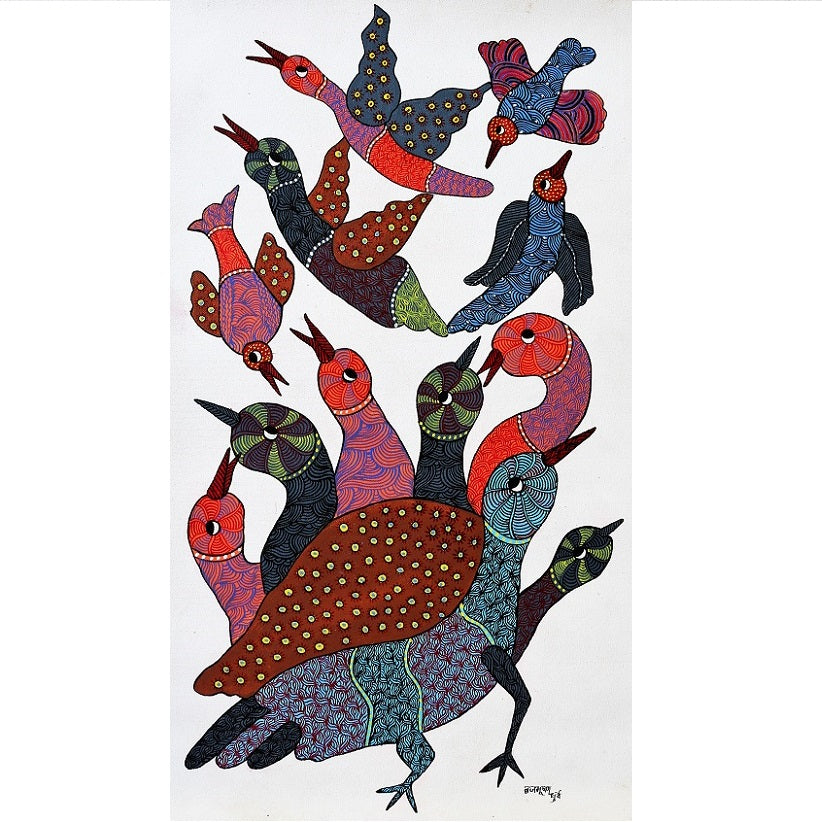 Original Hand Made Tribal Gond Painting Illustrating Parent Bird Protecting Their Siblings