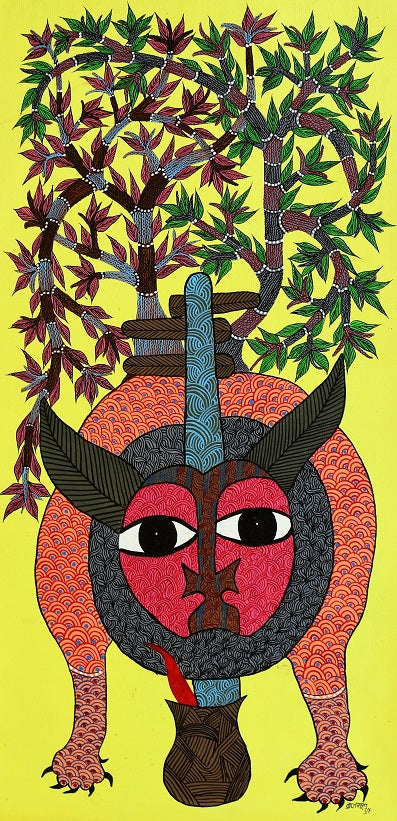 Original Handmade Tribal Gond Painting Illustration With Lines And Dots