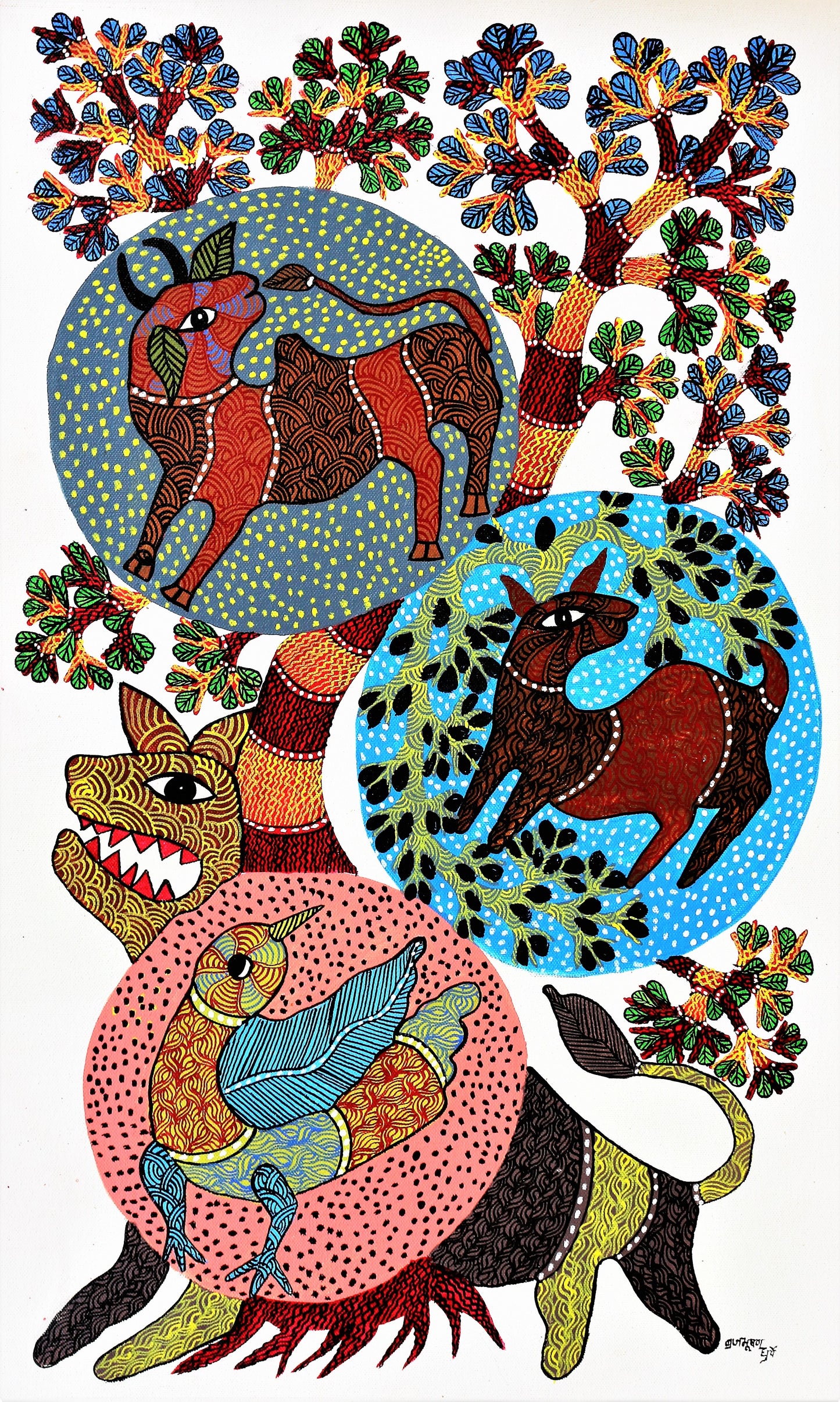 Original Handmade Tribal Gond Painting Celebrating Madhya Pradesh's Natural Splendor: Wildlife Chronicles