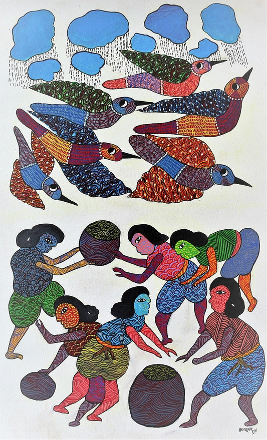 Original Handmade Tribal Gond Painting Of Tribal Ladies Enjoying Good Harvest After Monsoon Season