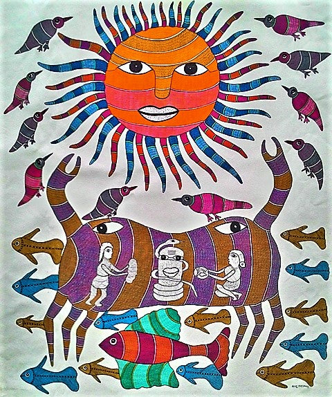 Original Handmade Tribal Gond Painting Of Gods Creation With Lines And Dots