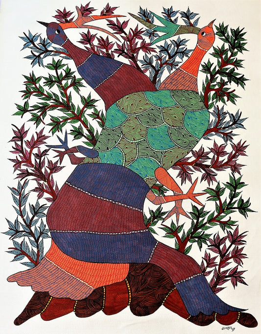 Original Handmade Tribal Gond Painting Portraying Two Love Birds: Whispers of Affection