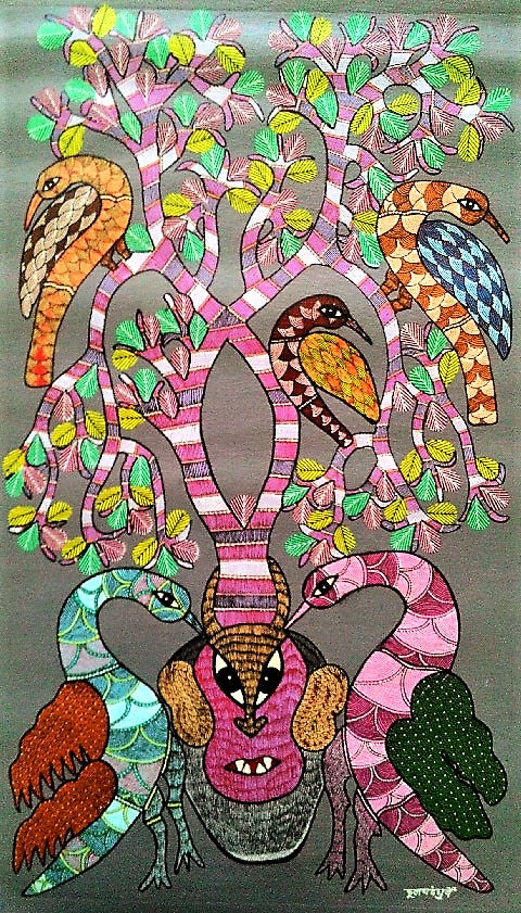 Original Handmade Tribal Gond Painting Of Birds Love For Trees