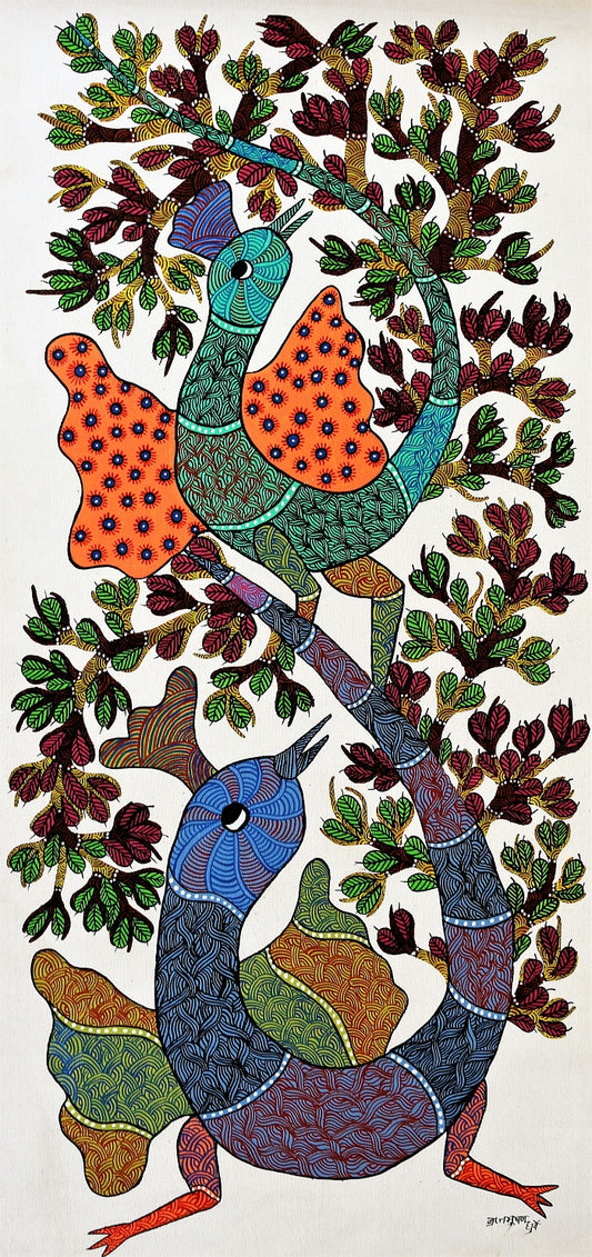 Original Handmade Tribal Gond Painting Birds On Trees