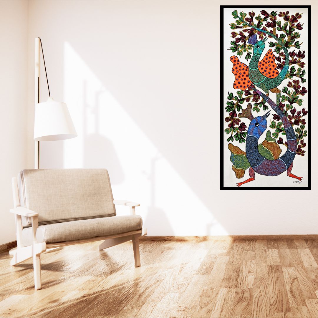 Original Handmade Tribal Gond Painting Birds On Trees