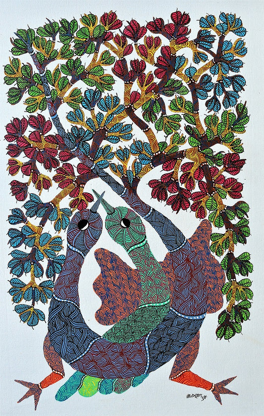 Original Handmade Tribal Gond Painting Illustrating Two Love Birds