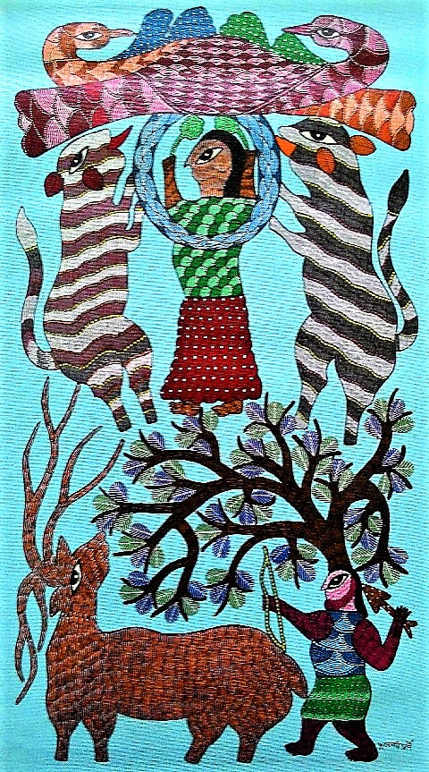 Original Handmade Tribal Gond Painting Of Animal Hunted By Tribals In A Forest