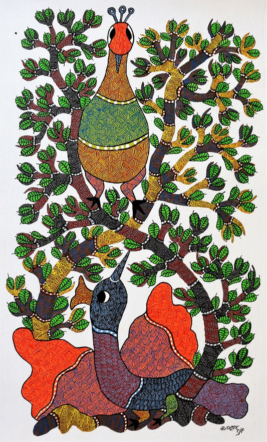 Original Handmade Tribal Gond Painting Of Two Birds Making Love