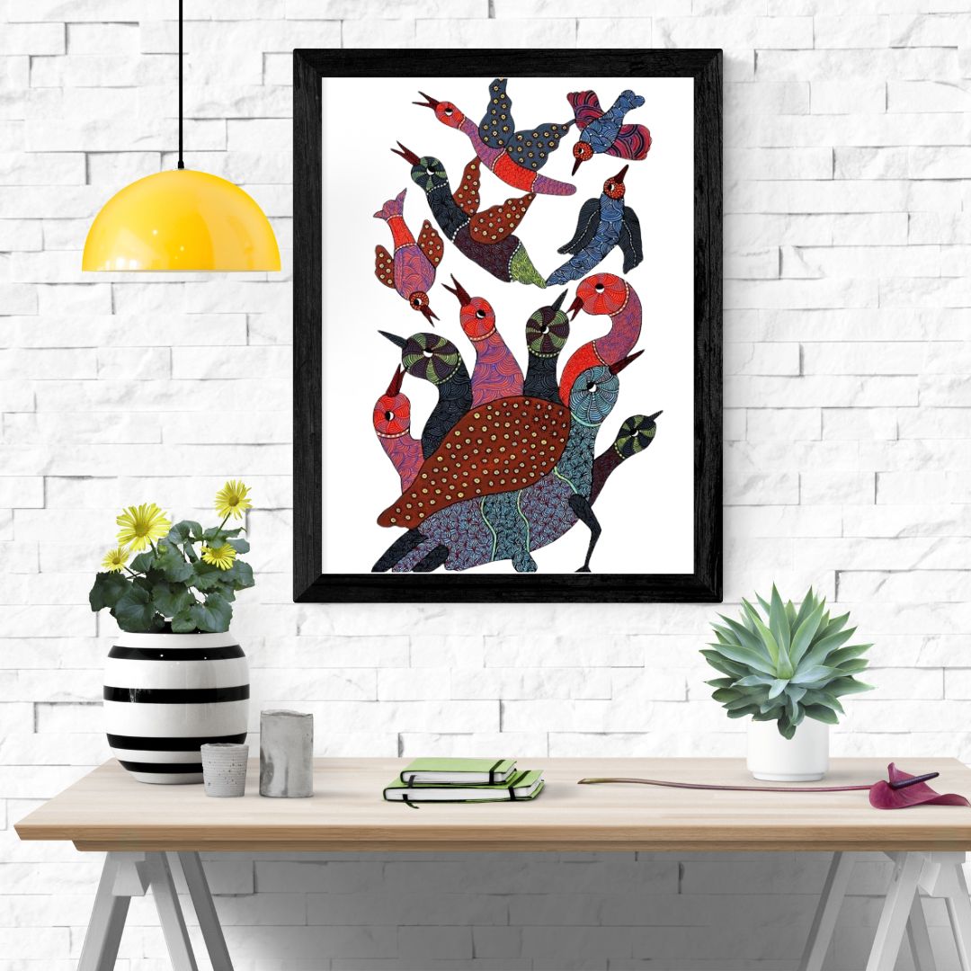 Original Hand Made Tribal Gond Painting Illustrating Parent Bird Protecting Their Siblings