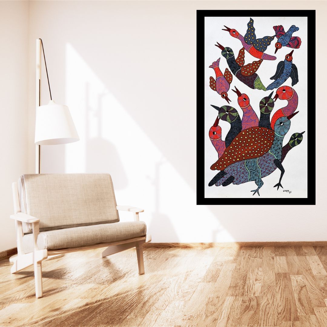 Original Hand Made Tribal Gond Painting Illustrating Parent Bird Protecting Their Siblings