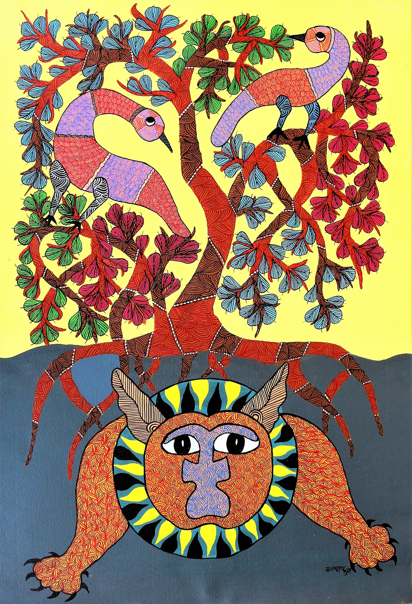 Original Hand Made Gond Painting Showing amazing combination of Flora & Fauna