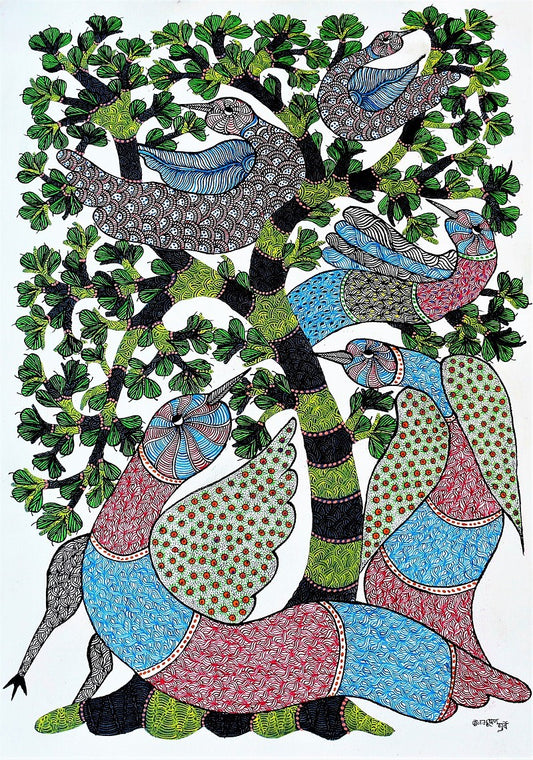 Original Hand Made Gond Painting Showcasing Birds And Trees