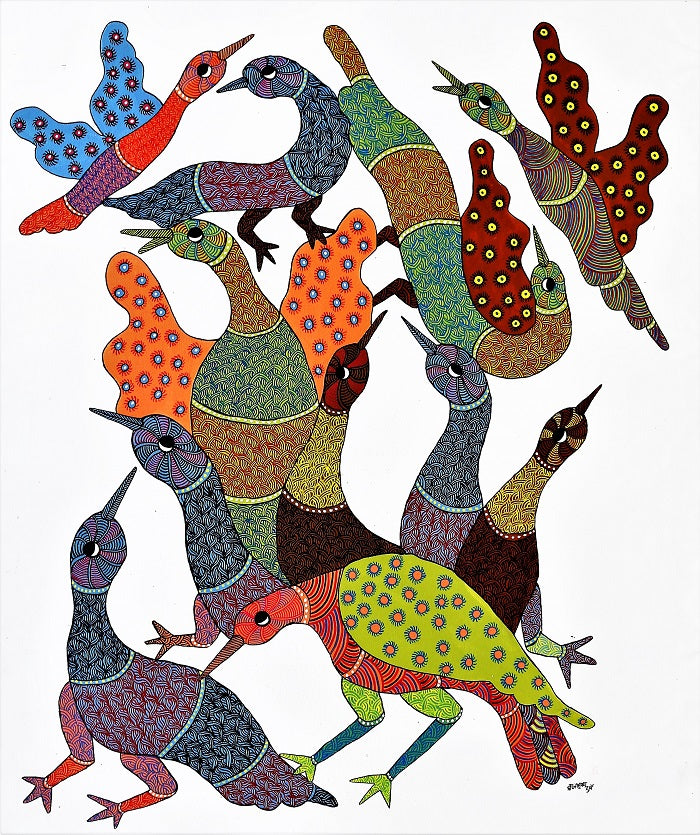 Original Handmade Tribal Gond Artistry Weaves Migratory Birds' Tale Amidst Trees: Celestial Choreography