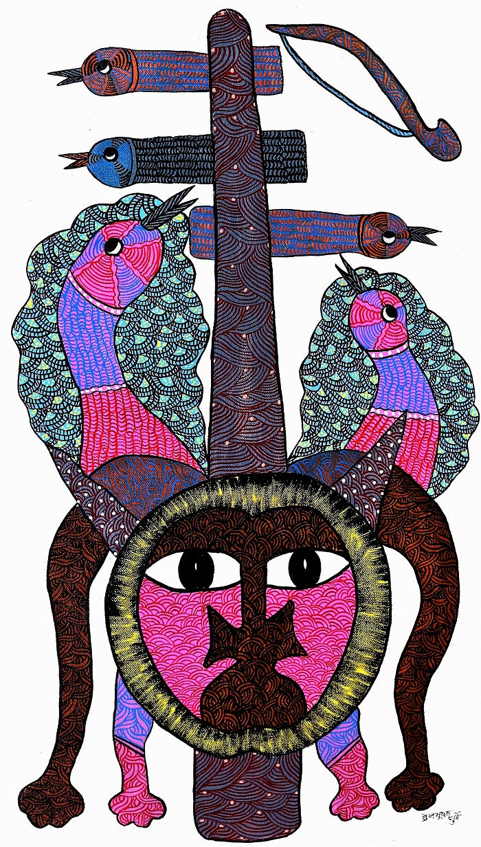 Original Handmade Tribal Gond Painting Illustrating Gond Tribe's Forest Symphony of Faith and Survival: Sacred Threads