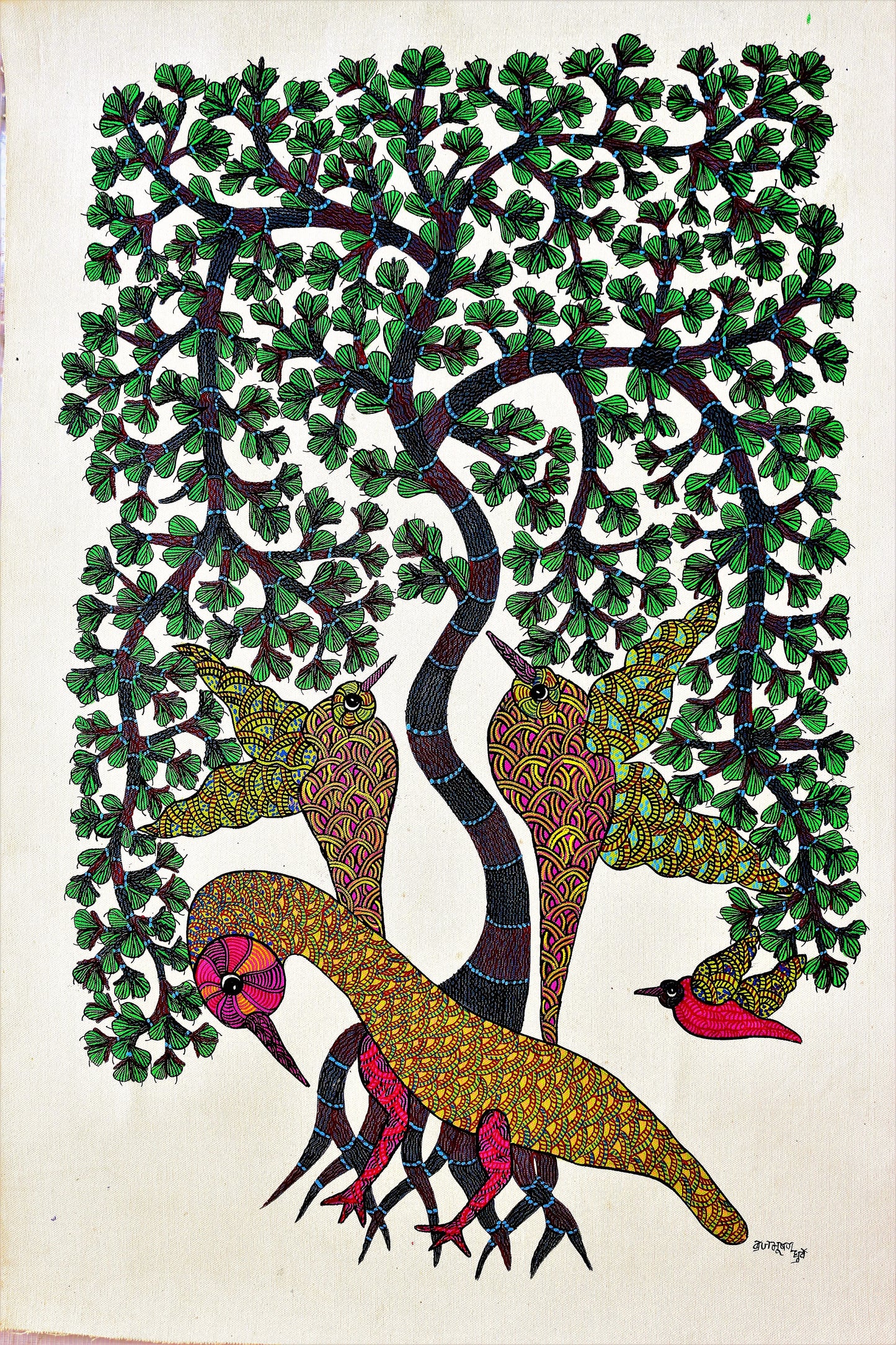 Original Handmade Tribal Gond Artistry Enchants with Birds and Children Amidst the Trees: Harmony Unveiled