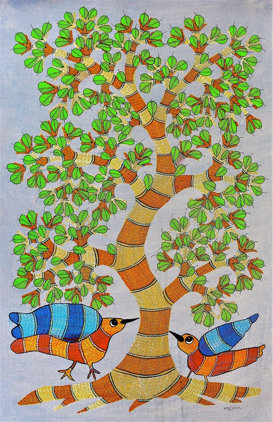 Original Handmade Tribal Gond Painting Illustrating Chromatic Canopy: Gond Tapestry of Avian Serenity