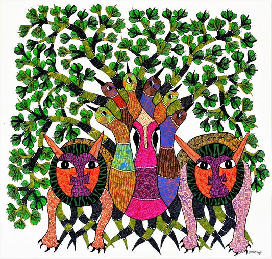 Original Handmade Tribal Gond Artistry Reveals Nature's Unbreakable Bond: Symphonic Harmony