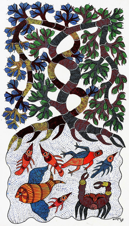 Original Hand Made Tribal Gond Painting Showcasing Migratory Birds In Madhya Pradesh