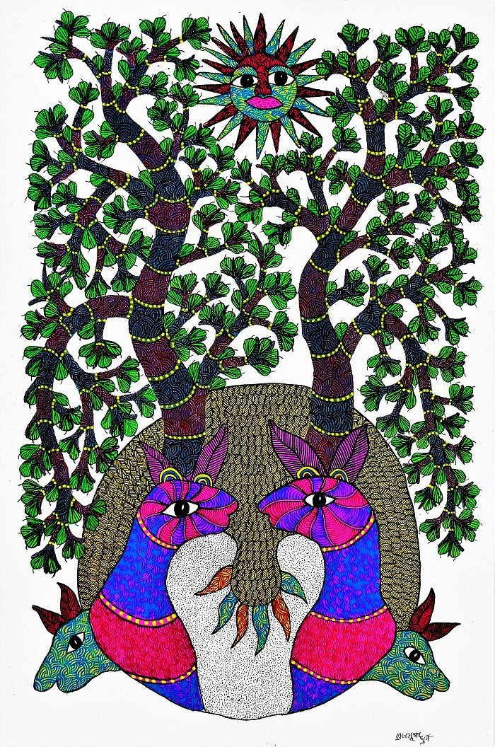 Original Hand Made Tribal Gond Painting Illustarting Eternal Rhythms: Gond Chronicle of Nature's Flourishing Symphony