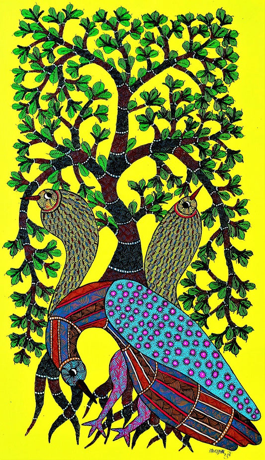 Original Hand Made Tribal Gond Painting Showcasing Symbiotic Serenade: Unveils Birds and Trees' Timeless Bond