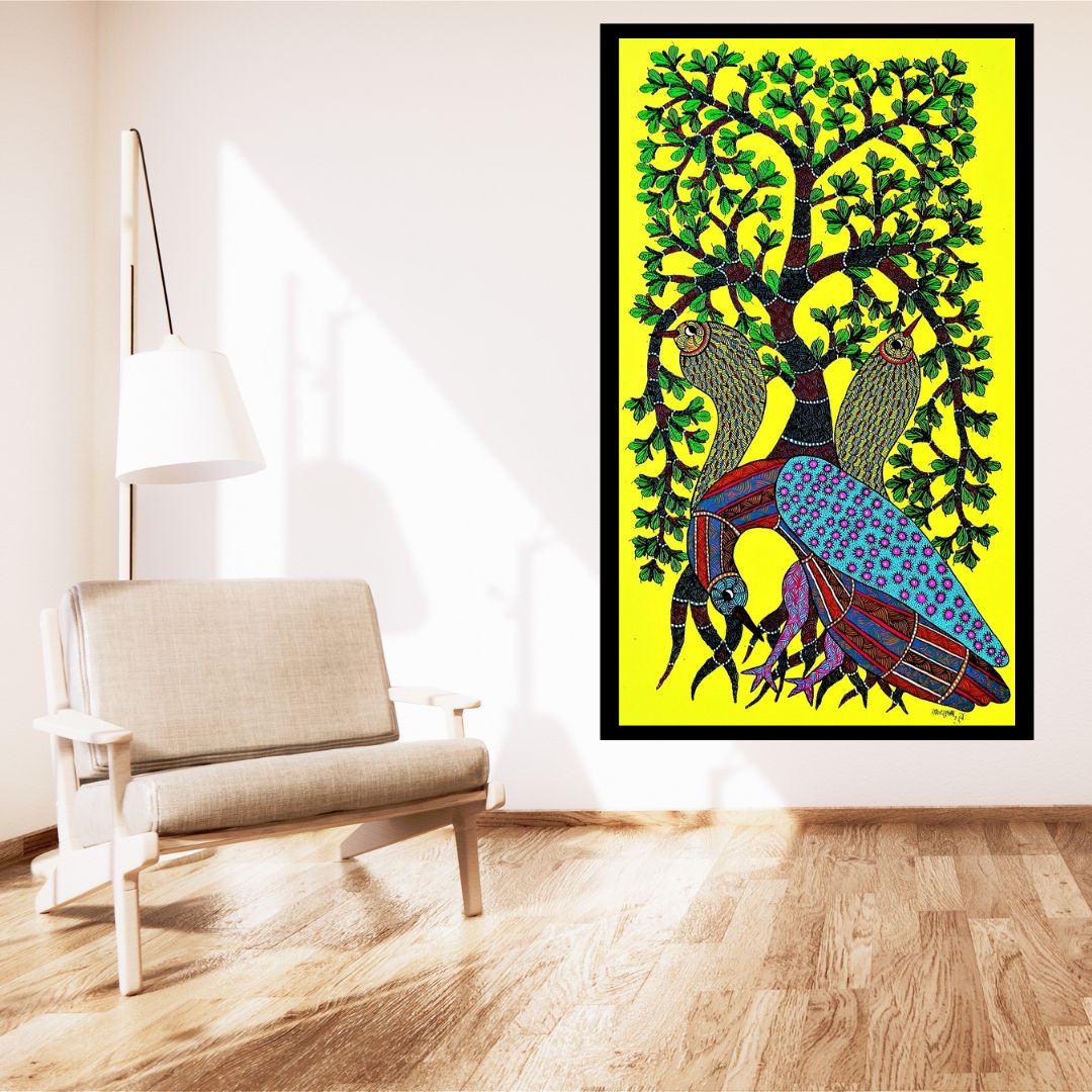 Original Hand Made Tribal Gond Painting Showcasing Symbiotic Serenade: Unveils Birds and Trees' Timeless Bond