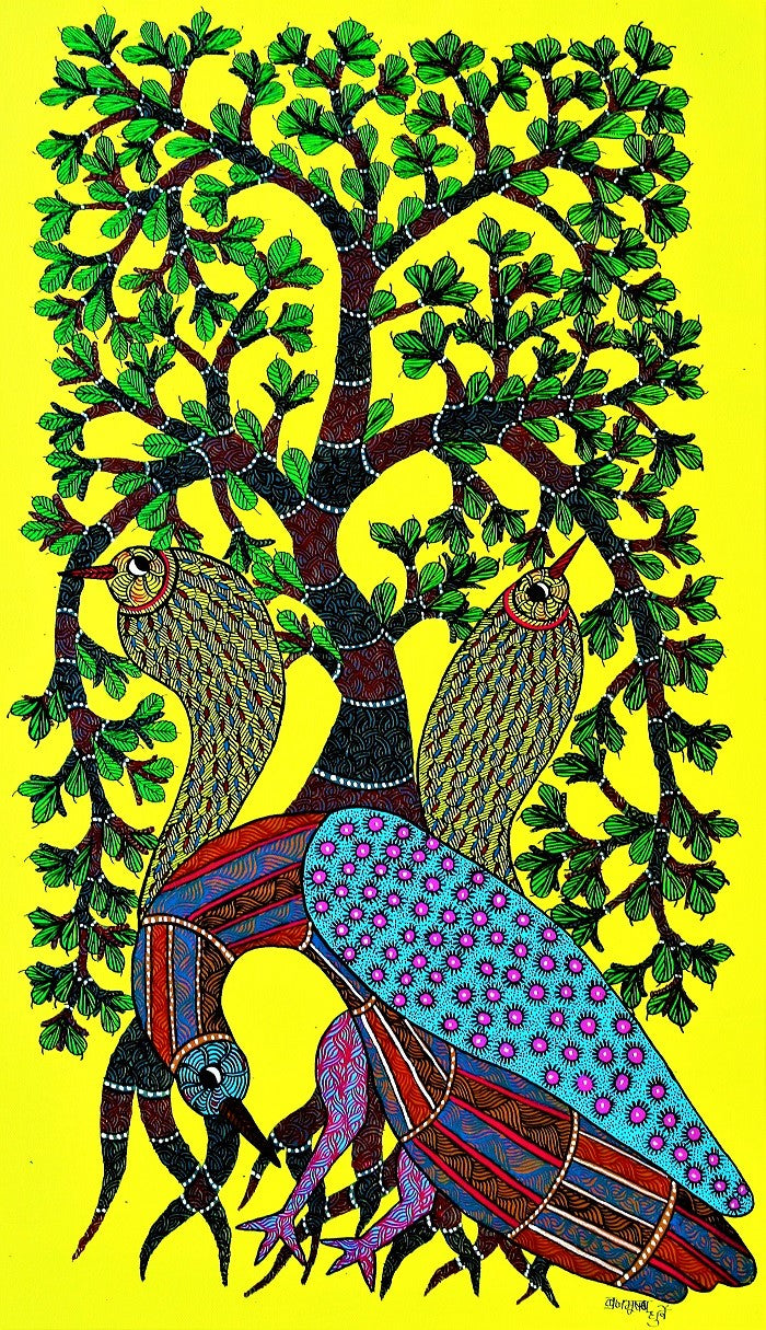 Original Hand Made Gond Painting Showcasing Wings and Leaves: Gond Pictorial of Nature's Inseparable Bonds