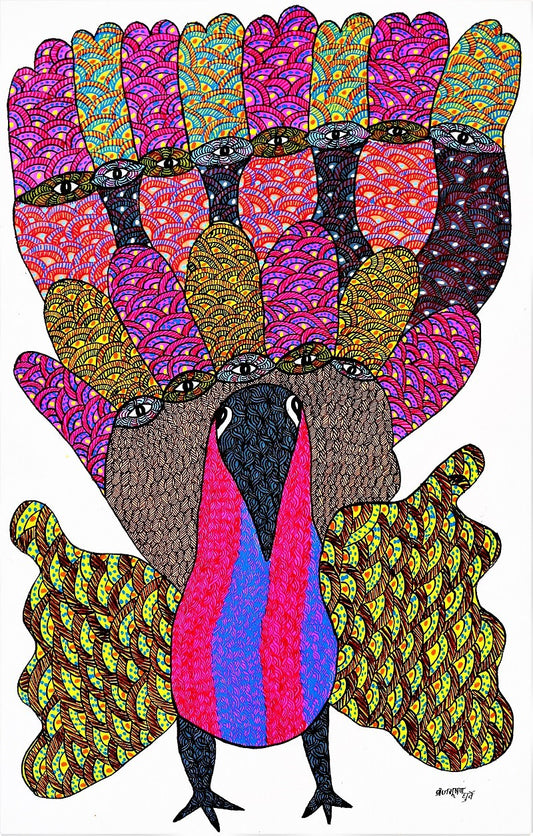 Original Hand Made Tribal Gond Painting Showcasing Peacock National Bird of India