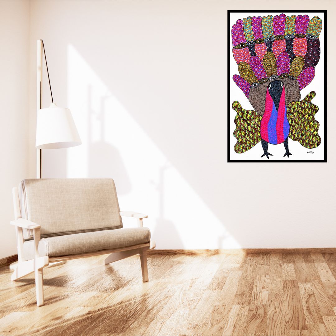 Original Hand Made Tribal Gond Painting Showcasing Peacock National Bird of India