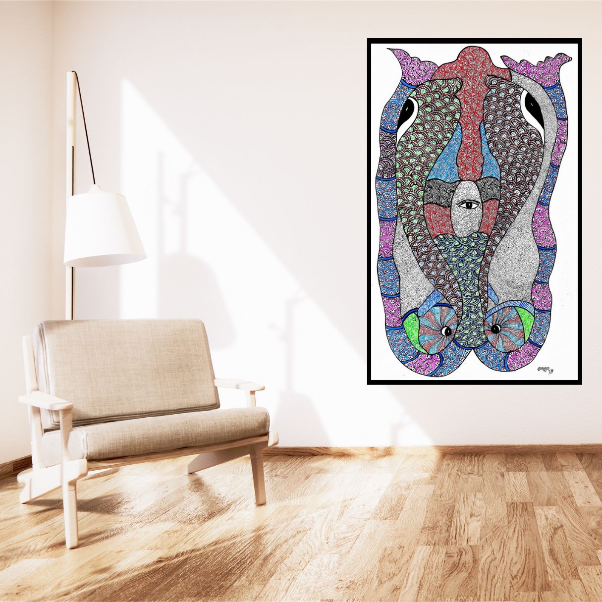 Original Hand Made Tribal Gond Painting Illustrating a Beautiful Mind of a Gond Painter.