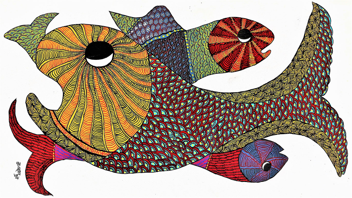 Original Hand Made Gond Painting Showcasing Colorful Sea Fish