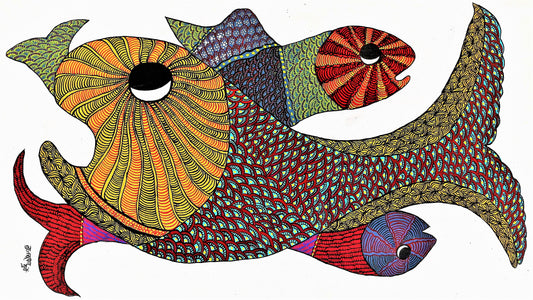 Original Hand Made Gond Painting Showcasing Colorful Sea Fish