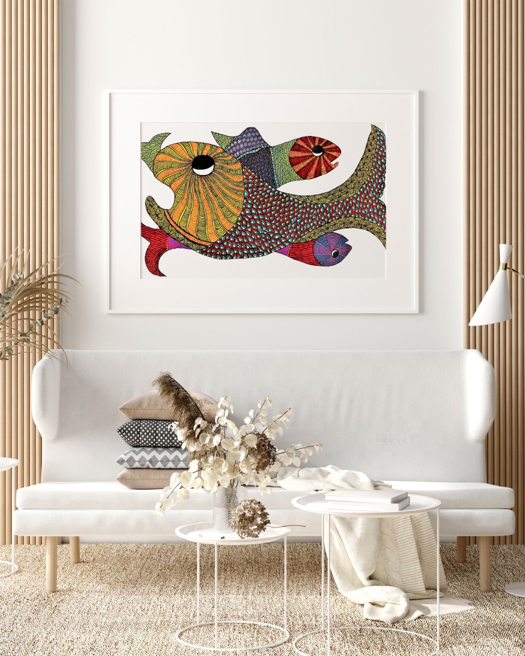 Original Hand Made Gond Painting Showcasing Colorful Sea Fish