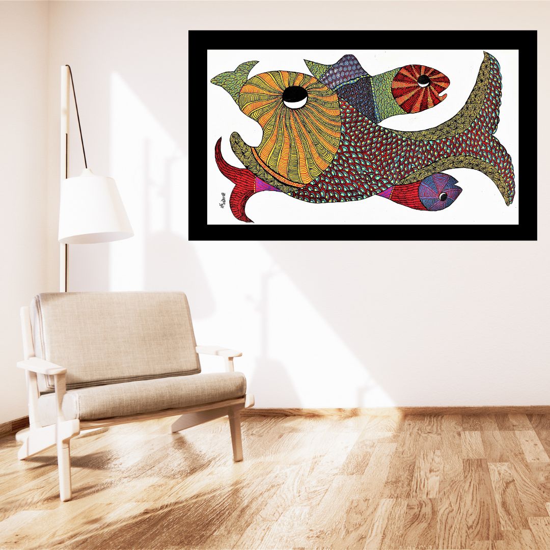 Original Hand Made Gond Painting Showcasing Colorful Sea Fish