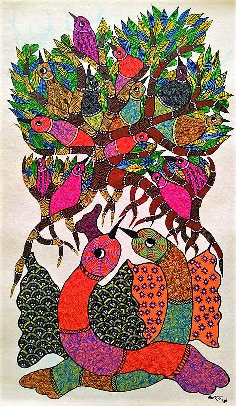 Original Handmade Tribal Gond Painting Celebrating Birds and Trees' Unbreakable Bond: Eternal Embrace