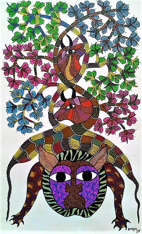 Original Handmade Tribal Gond Painting Of Animals Taking Shelter Under A Tree