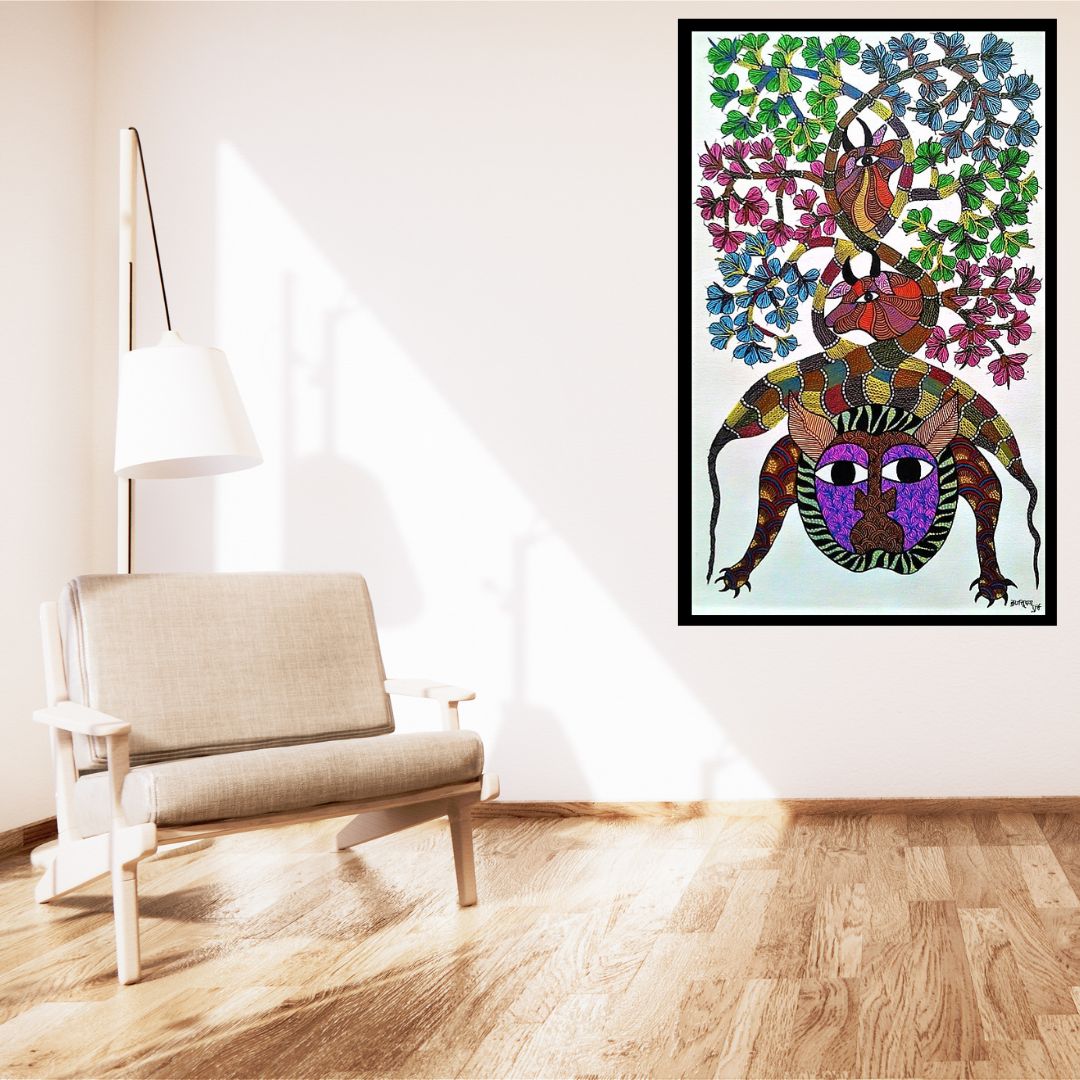 Original Handmade Tribal Gond Painting Of Animals Taking Shelter Under A Tree