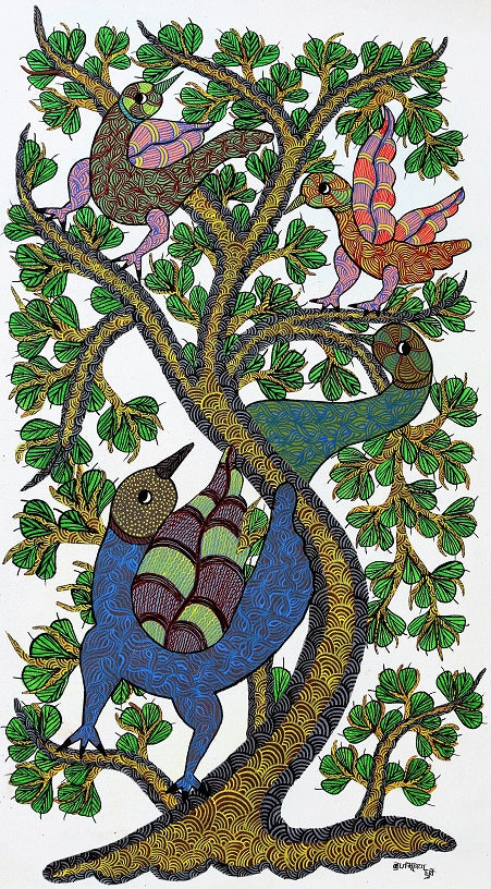 Original Handmade Tribal Gond Painting Illustrating Home Sweet Home For Birds