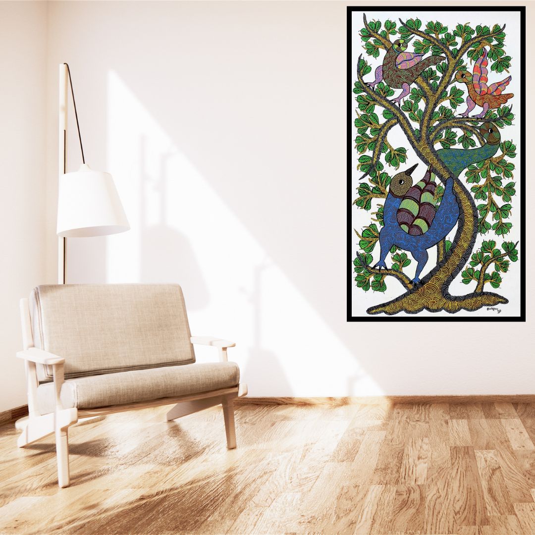 Original Handmade Tribal Gond Painting Illustrating Home Sweet Home For Birds